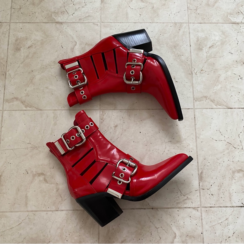 $190 Nwot Jeffrey Campbell Guadalupe Red Patent Leather Retro Ankle Boots 6.5